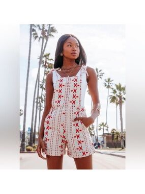 VICI Collection Cotton Embroidered Pocketed Tie Shoulder Overall Romper Shorts